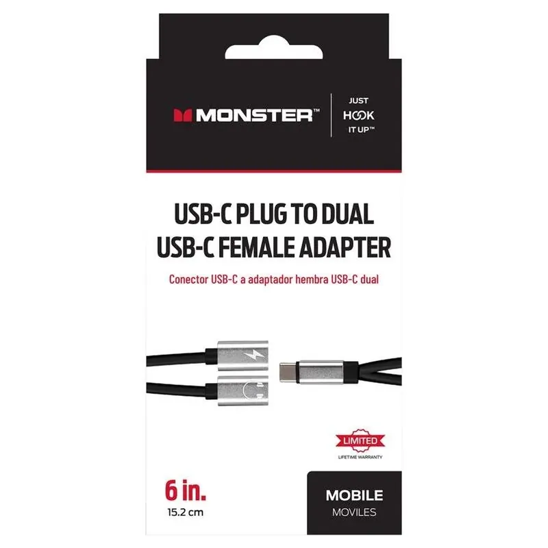 Monster Just Hook It Up 6‑Inch USB‑C Adapter – Black Universal Compatibility