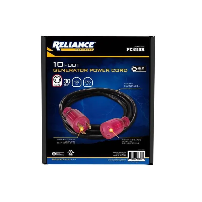 Reliance Controls 10‑Foot Heavy‑Duty 125V Generator Power Cord – 10/3 SJTW, NEMA L530