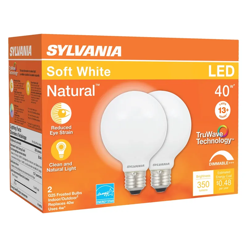 Sylvania Natural G25 E26 (Medium) LED Bulb Soft White 40 Watt Equivalence 2 Pk