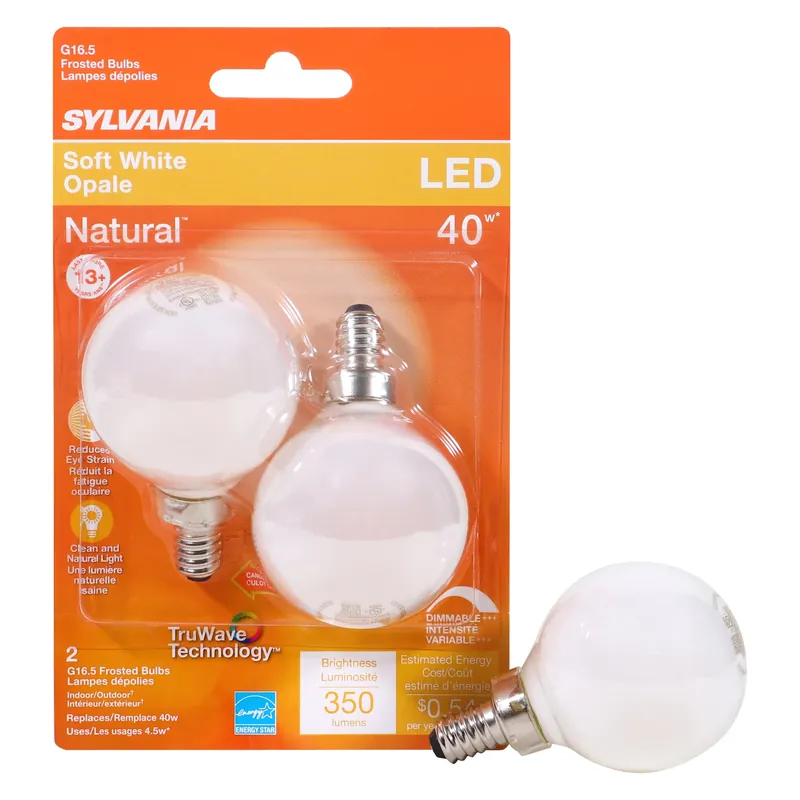 Sylvania Natural G16.5 E12 (Candelabra) LED Bulb Soft White 40 Watt Equivalence 2 Pk