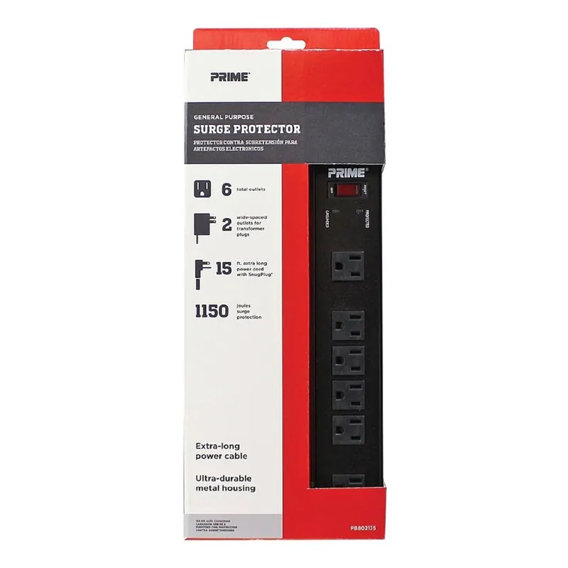 15 Ft. 6 Outlet Metal Surge Protector With 1150 Joules Protection - Black