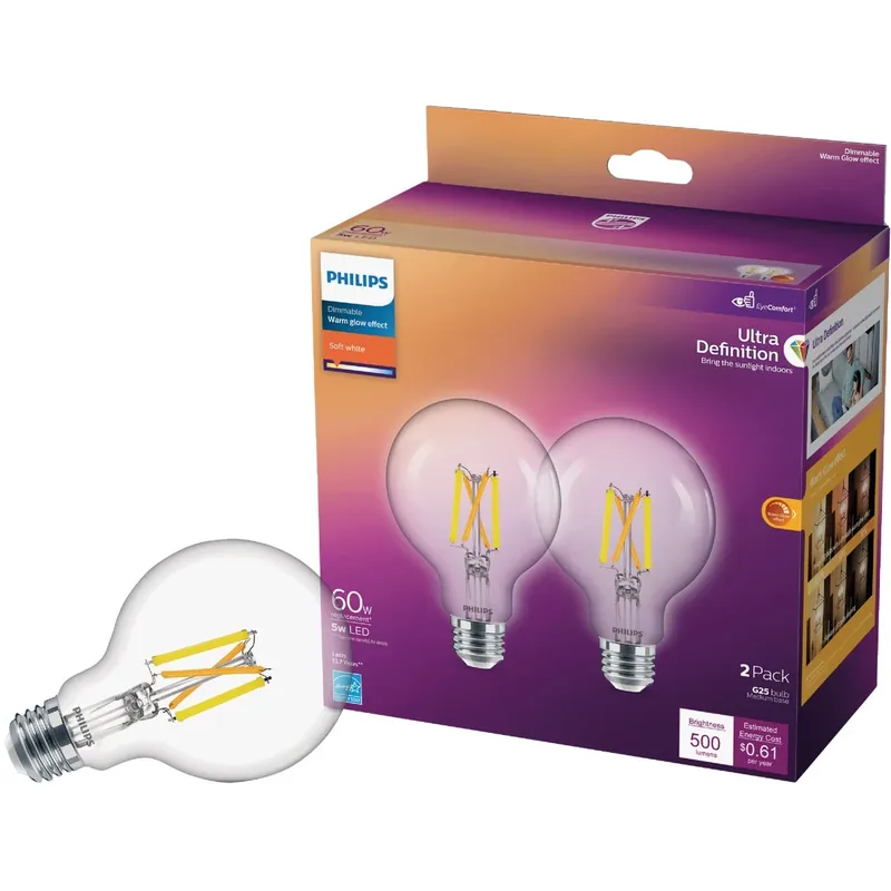 Philips G25 E26 (Medium) LED Bulb Soft White 60 Watt Equivalence 2 Pk
