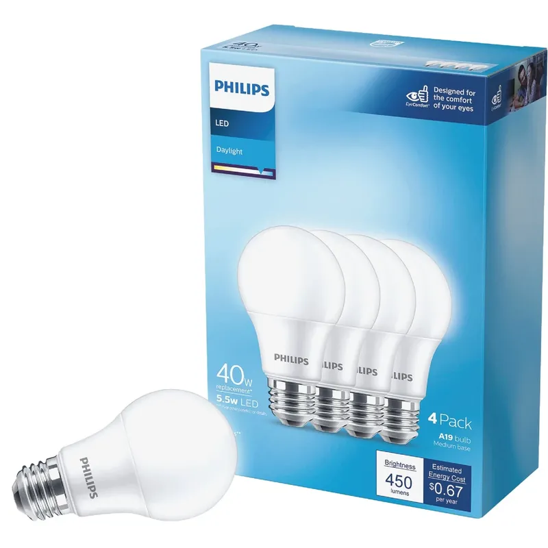 Philips A19 E26 (Medium) LED Bulb Daylight 40 Watt Equivalence 4 Pk