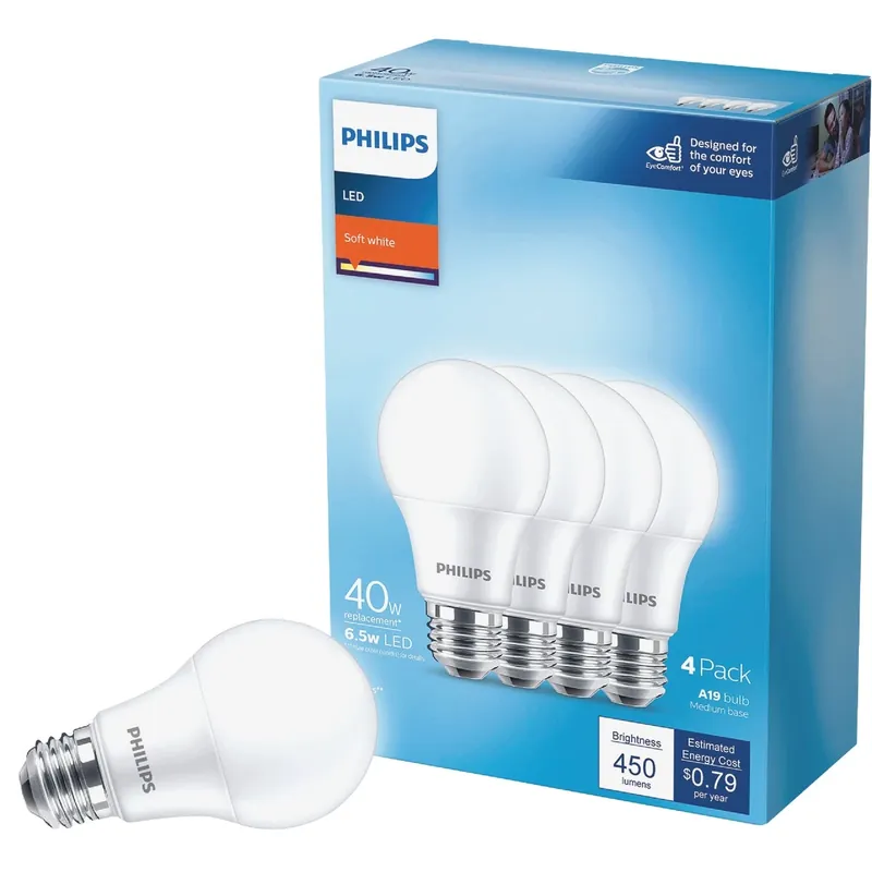 Philips A19 E26 (Medium) LED Bulb Daylight 40 Watt Equivalence 4 Pk