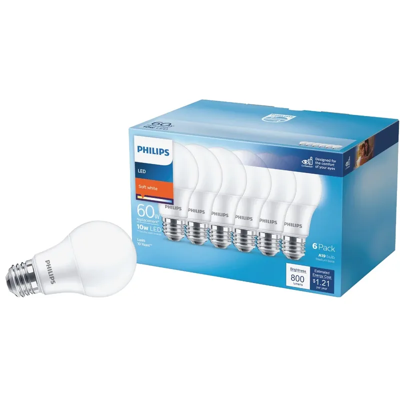 Philips A19 E26 (Medium) LED Bulb Soft White 60 Watt Equivalence 6 Pk