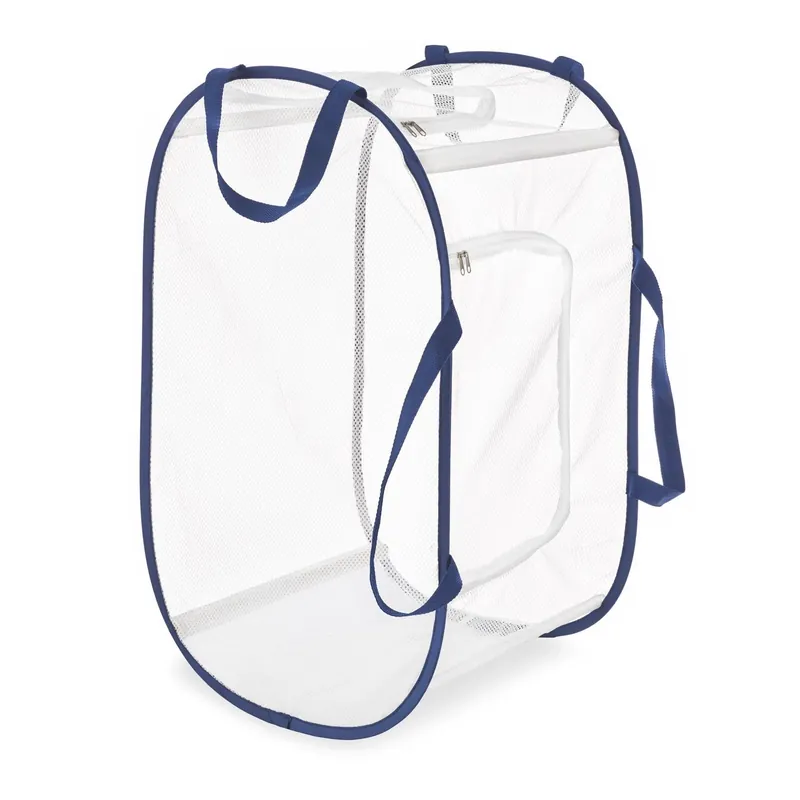 Blue/white Fabric Collapsible Hamper - 25" Height, 15" Length, 15" Width