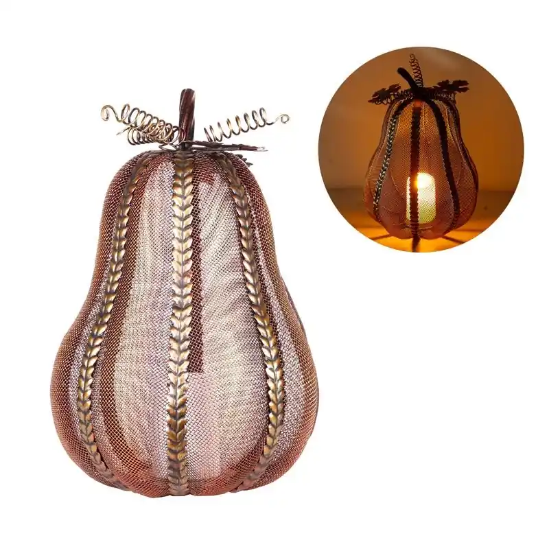 12 In. Led Elongated Mesh Pumpkin With Warm Candle Tabletop Decor