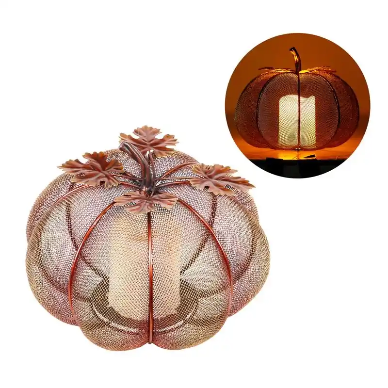 8 In. Led Mesh Pumpkin With Warm Candle Tabletop Decor For Halloween