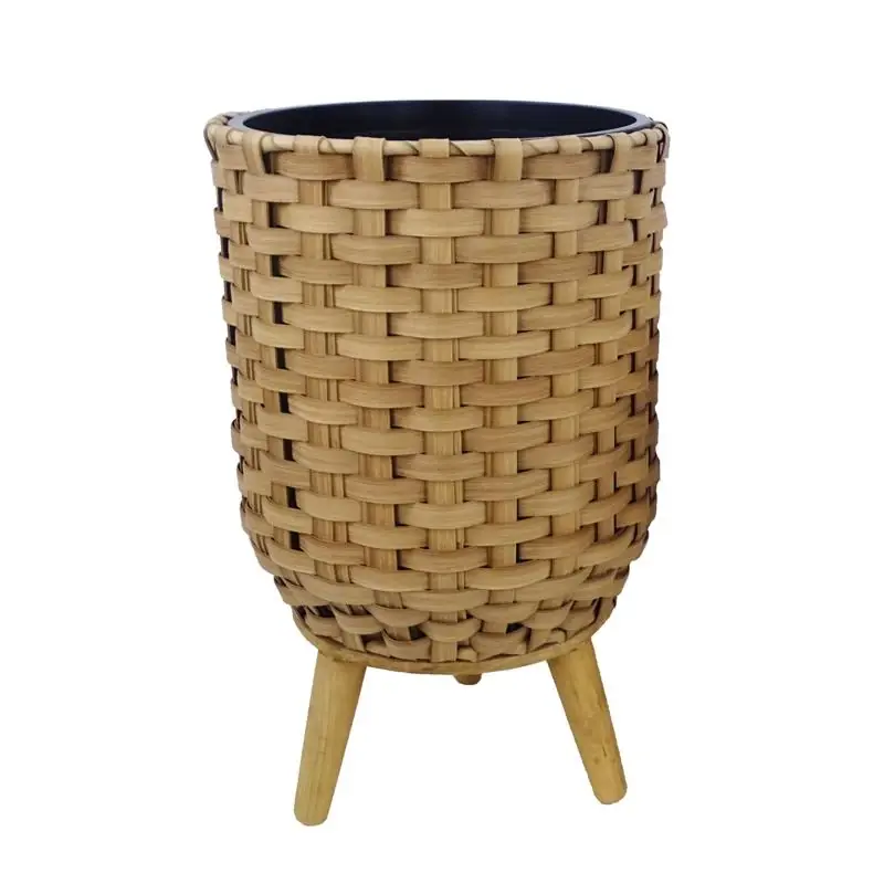 Alpine 15 Inch Plastic Wicker Plant Basket Beige/black With Liner