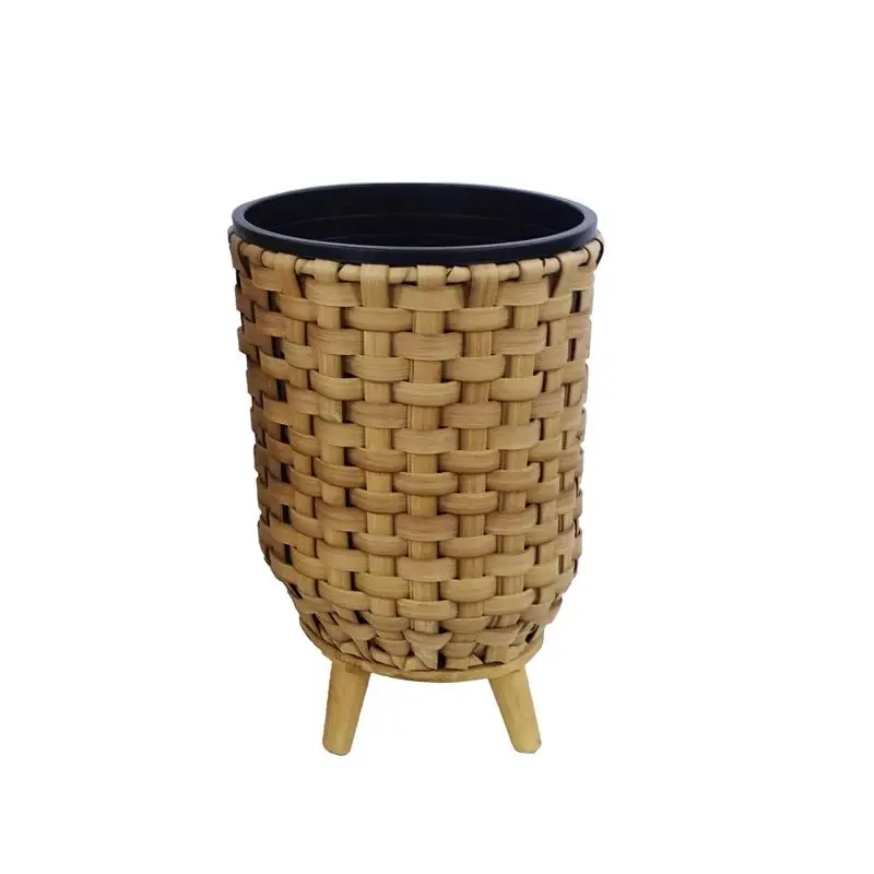 Alpine 13 Inch Plastic Wicker Plant Basket Beige/black With Liner
