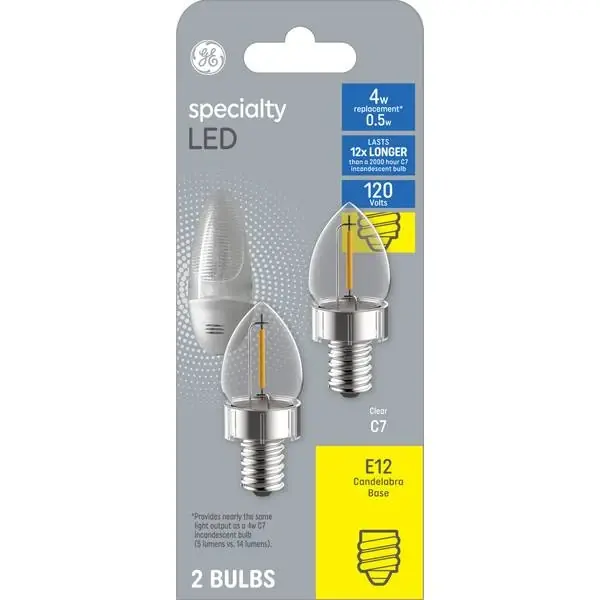 GE C7 E12 (Candelabra) LED Bulb Soft White 4 Watt Equivalence 2 Pk
