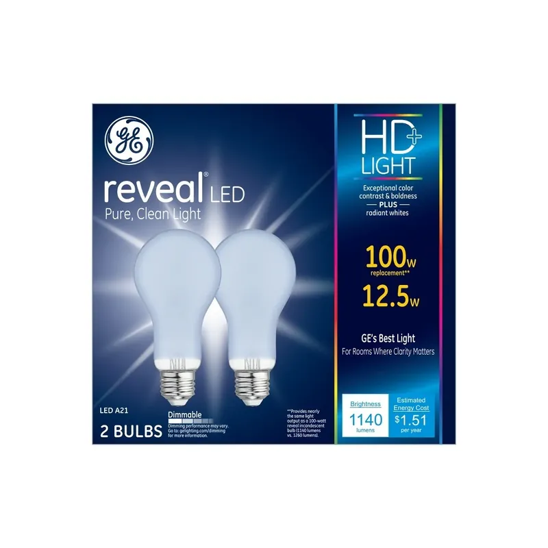 GE Reveal HD+ A19 E26 (Medium) LED Bulb Pure Clean Light 100 Watt Equivalence 2 Pk