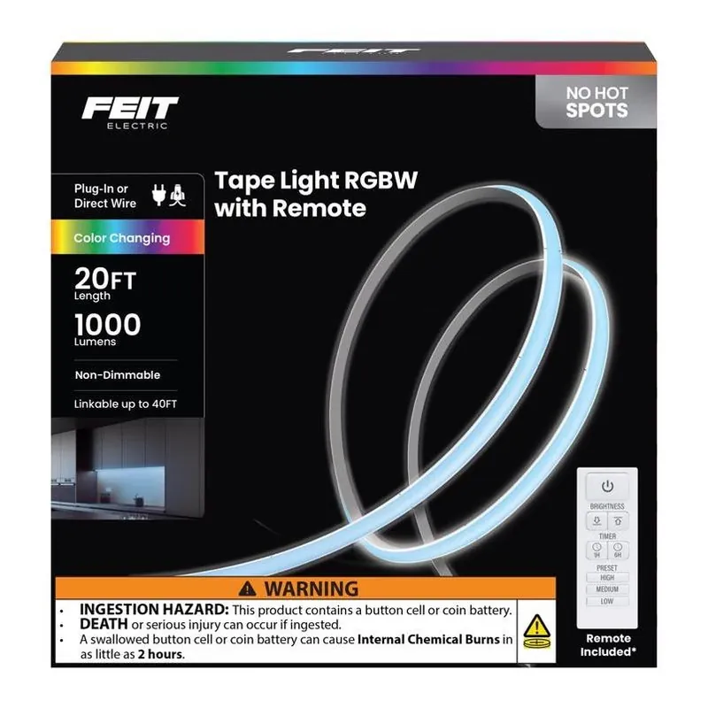 Feit 20‑Foot Color‑Changing Plug‑In LED Tape Light – 1000‑Lumen, Linkable