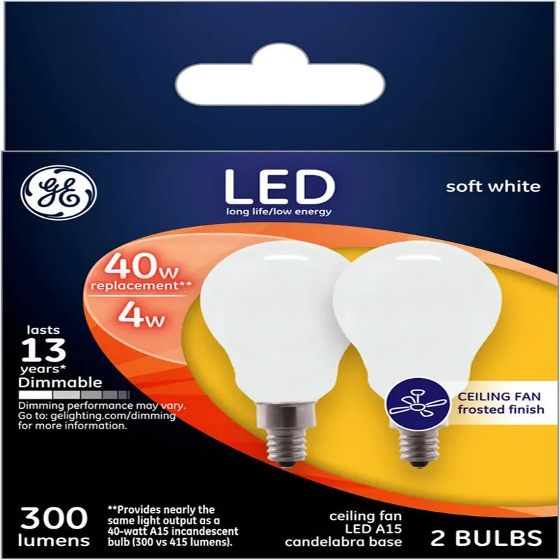 GE Soft White A15 Candelabra LED Bulb – 40W Equivalent, 2‑Pack