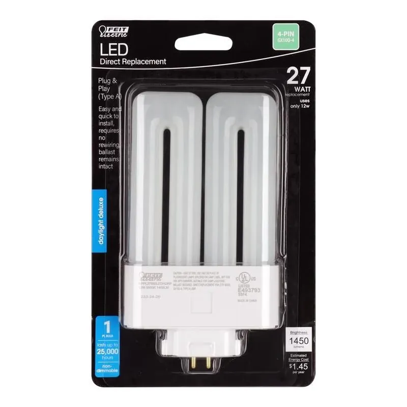 Feit 12W GX24Q-1 4‑Pin Daylight LED Tube – 28W Equivalent, 1450 lm, 6500K (1‑Pack)