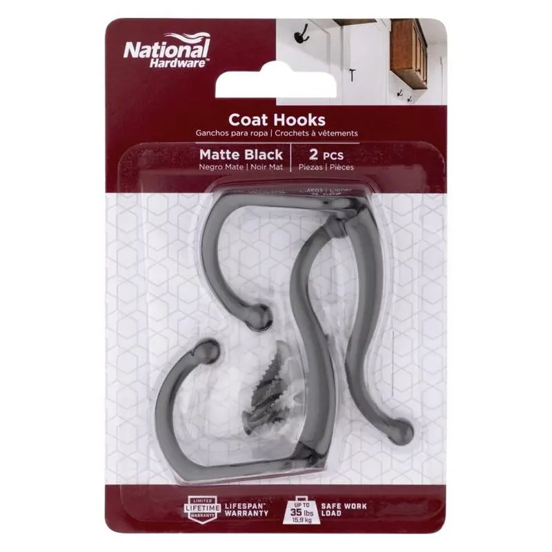 Heavy‑Duty Matte Black Coat Hook – 35 lb Capacity, Surface‑Mount Design