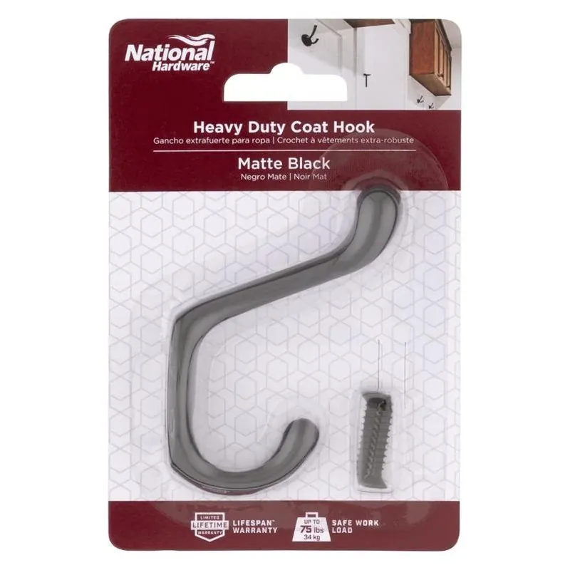 National Hardware Heavy‑Duty 75‑lb Matte Zinc Coat Hook – Durable Surface Mount