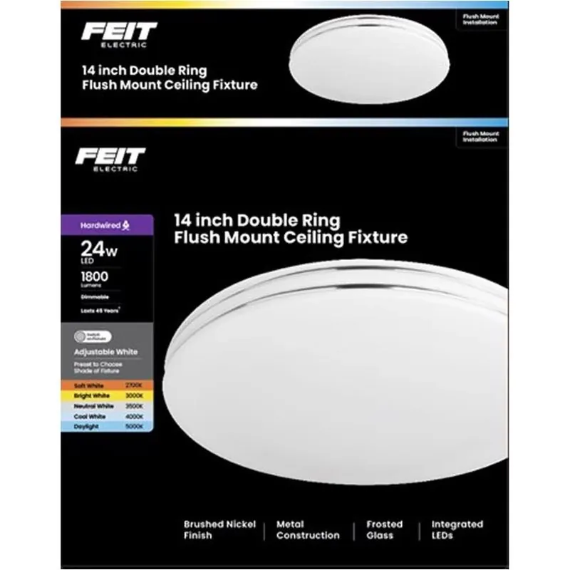 Feit Brushed Nickel Flush‑Mount Ceiling Light – 14×14 in White, Dimmable, 1800 lm