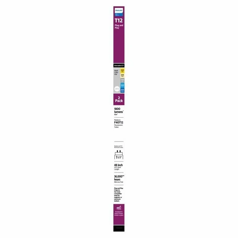 Philips 48‑in LED Linear G13 T12 Tube – 2‑Pack, Multi‑CCT, 16W (32W Equivalent)