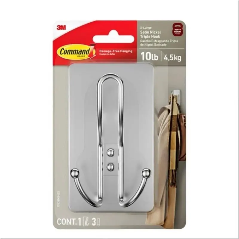 3M Satin Nickel Triple Hook – Self‑Adhesive Plastic Wall Organizer (1‑Pack)