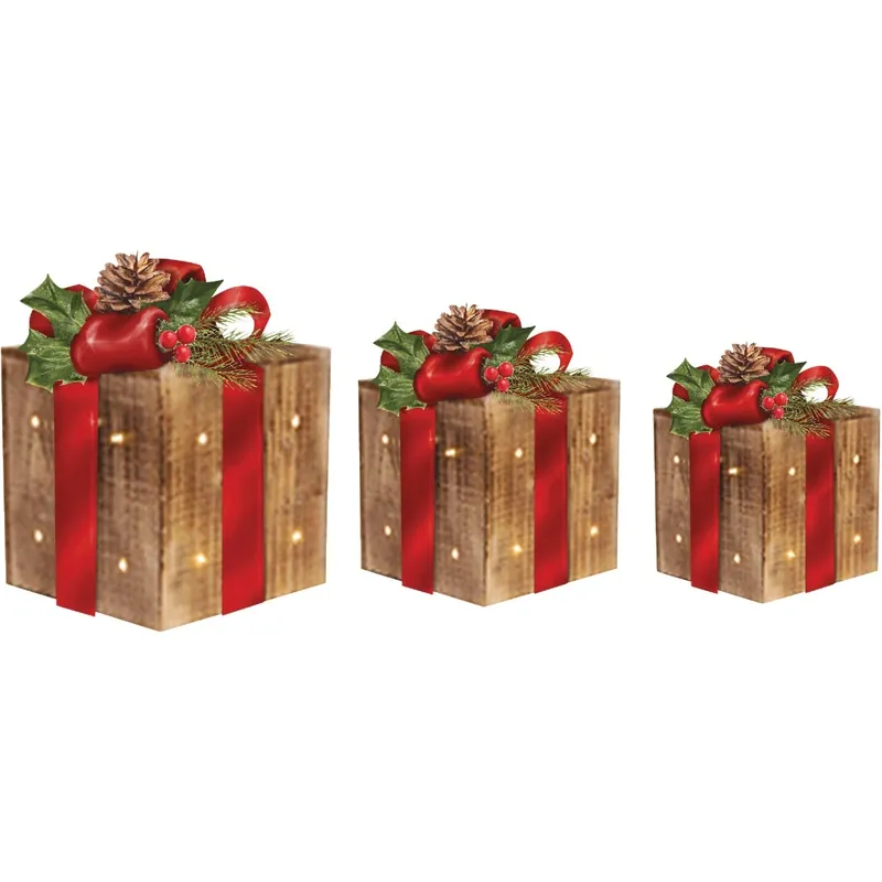 Warm White Led Rustic Wood Christmas Gift Box Set With Red Ribbon (3-piece)