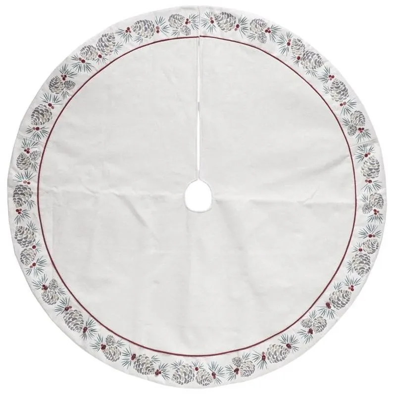 Dyno Ivory & Red Linen Tree Skirt – 48‑Inch Faux Pine Cone Holiday Accent