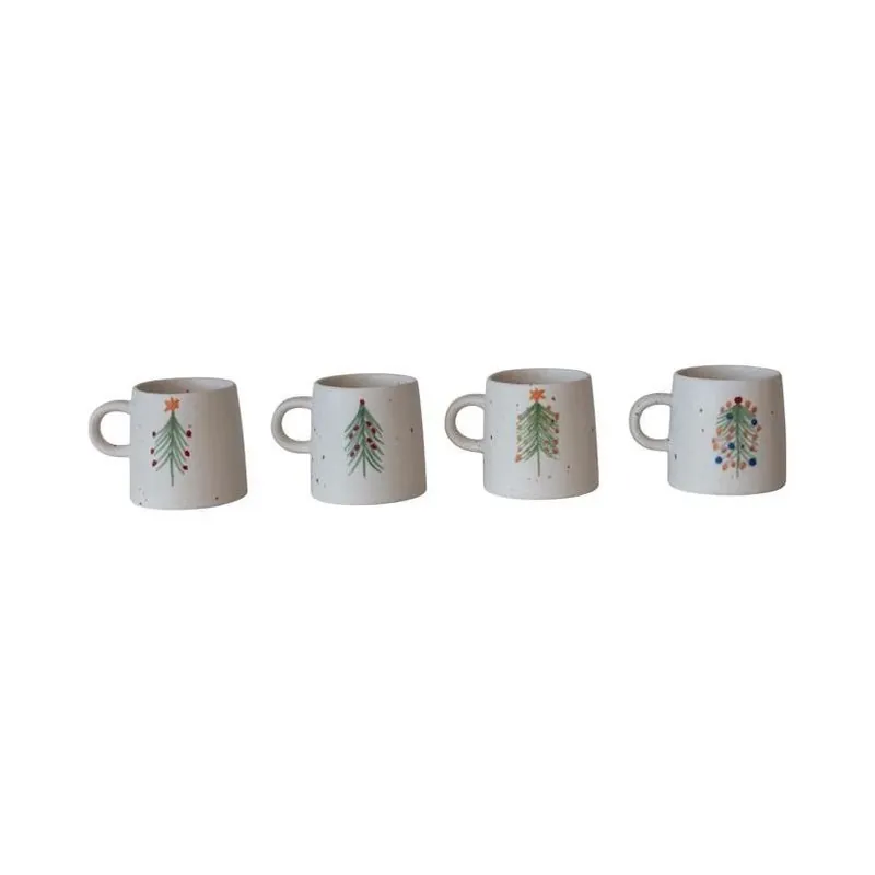 Creative Co‑Op Multicolor Holiday Tree Stoneware Mug – 4‑inch Cup – Pack Of 4