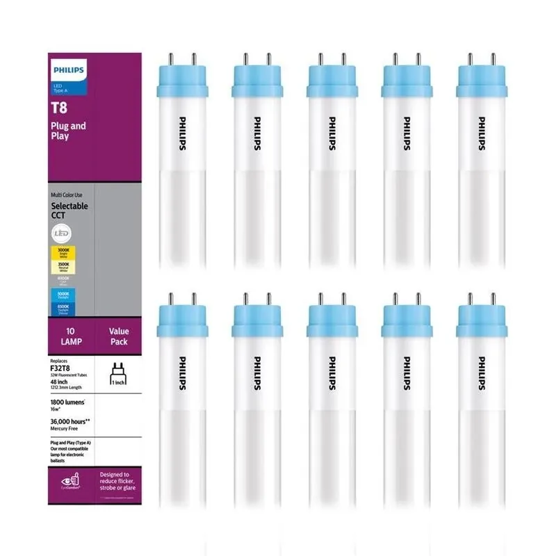Philips 48‑Inch Multi‑CCT LED T8 Linear Tube – 10‑Pack, 32W Equivalent, G13 Base