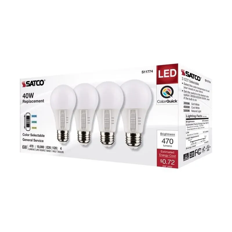 6 Watt A19 Color Quick Led Light Bulb, 3 Color Temperature Options, E26 Base, 120 Volt