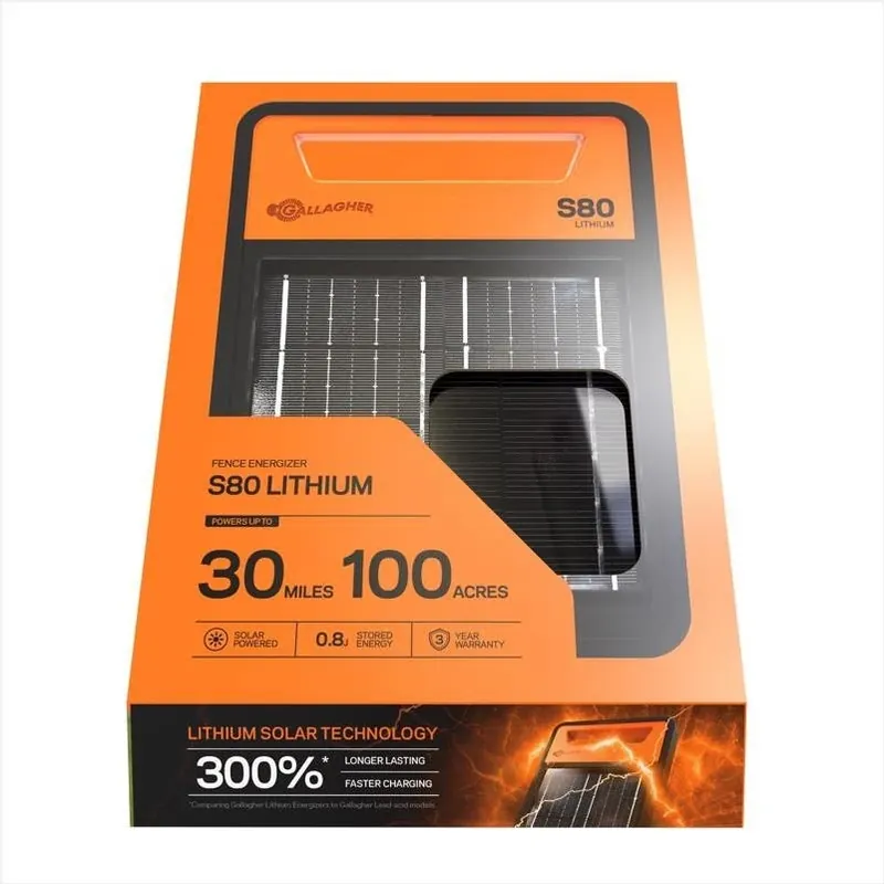 Gallagher S80 Lithium Solar Fence Charger – 0.55 J, 9.3 kV Portable Power For Pasture Management