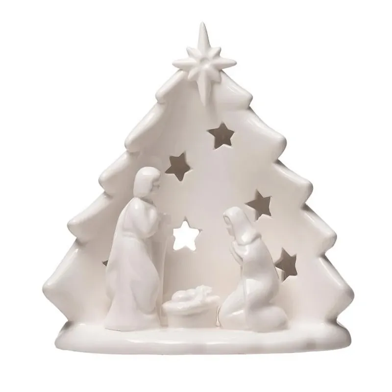 6‑Inch White Stoneware Nativity Table Centerpiece – Holy Family With Tree Design