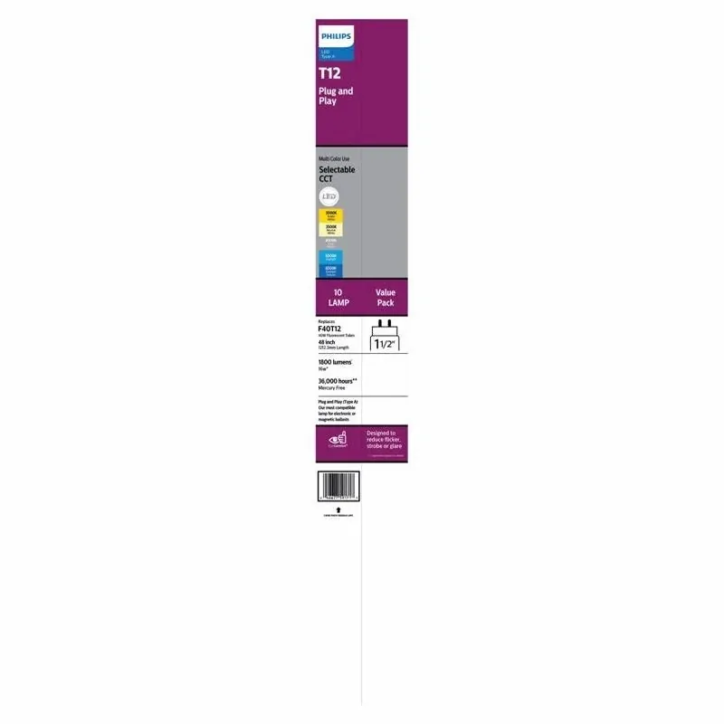 Philips 48‑Inch LED T8 Linear Bulb – Multi‑CCT, 40W Equivalent, 10‑Pack
