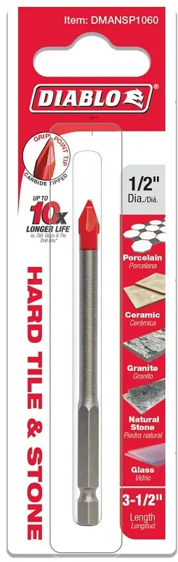 1/2 Inch X 3-1/2 Inch Carbide Tipped Drill Bit For Glass, Tile & Stone