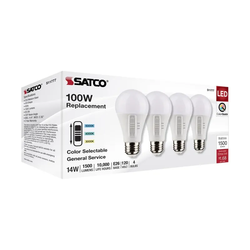 Satco A19 E26 (Medium) LED Bulb Tunable White/Color Changing 100 Watt Equivalence 4 Pk