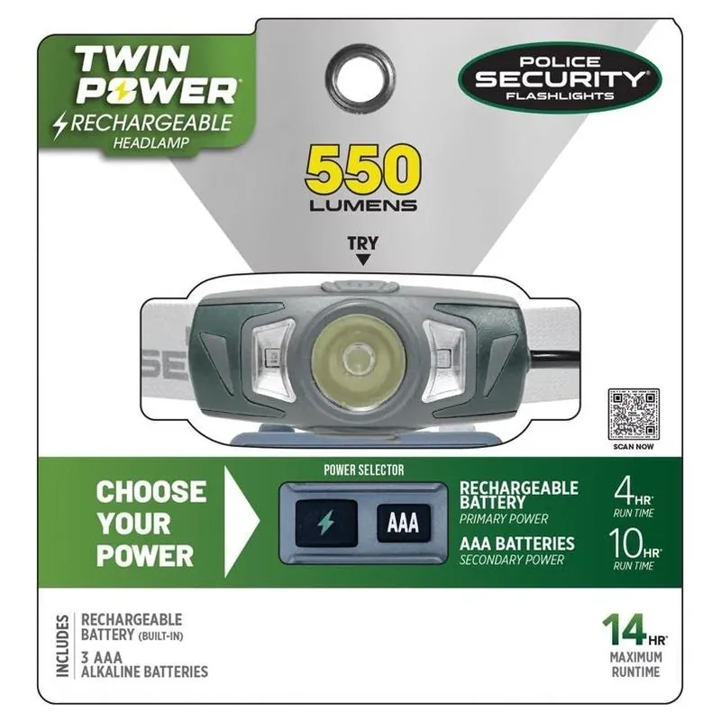 Police Security 550‑Lumen Rechargeable LED Headlamp – Gray/Green (AAA)