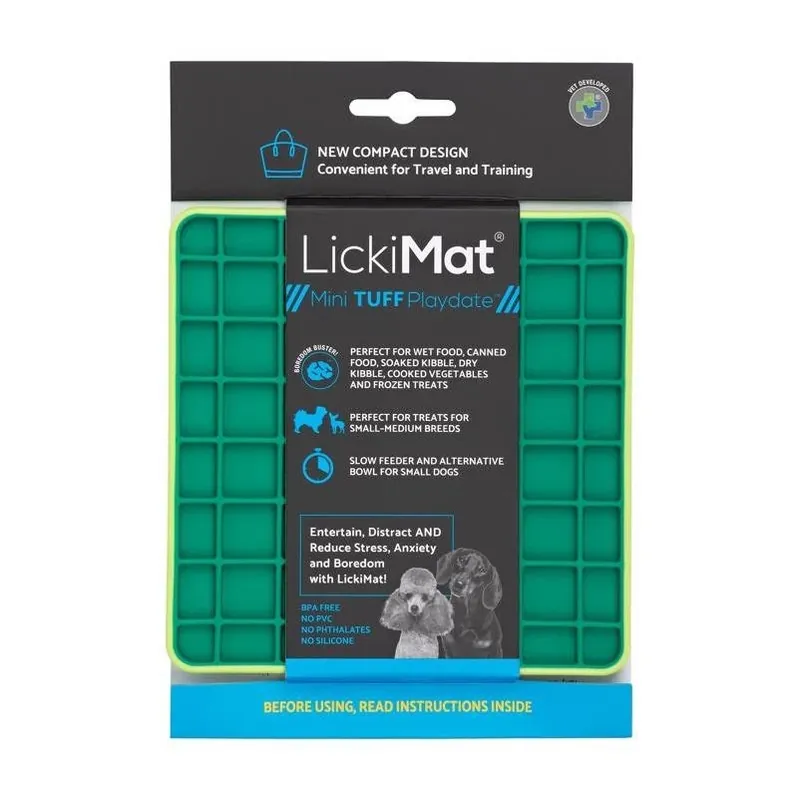 LickiMat Mini Tuff Playdate Green Slow Feeder For Dogs – Durable Plastic Bowl