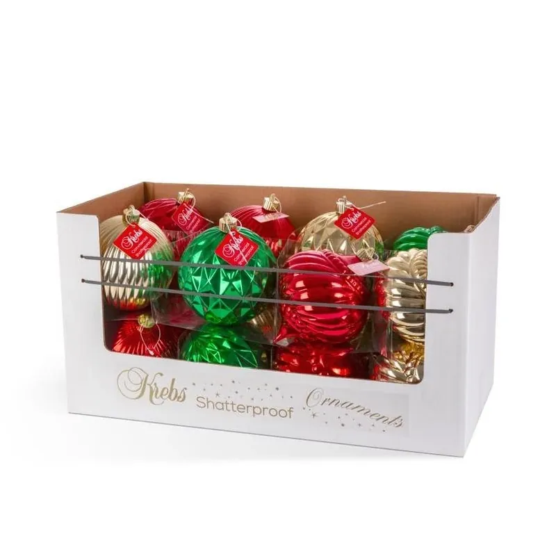 Krebs Shatterproof Holiday Ornament Set – Gold, Green & Red Glass Baubles