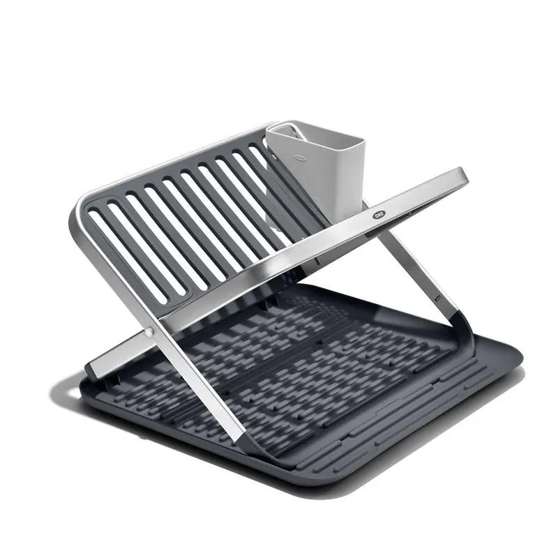 OXO Good Grips Ultra‑Stable Aluminum Dish Drying Rack – 15×16×2 In., Black‑Gray