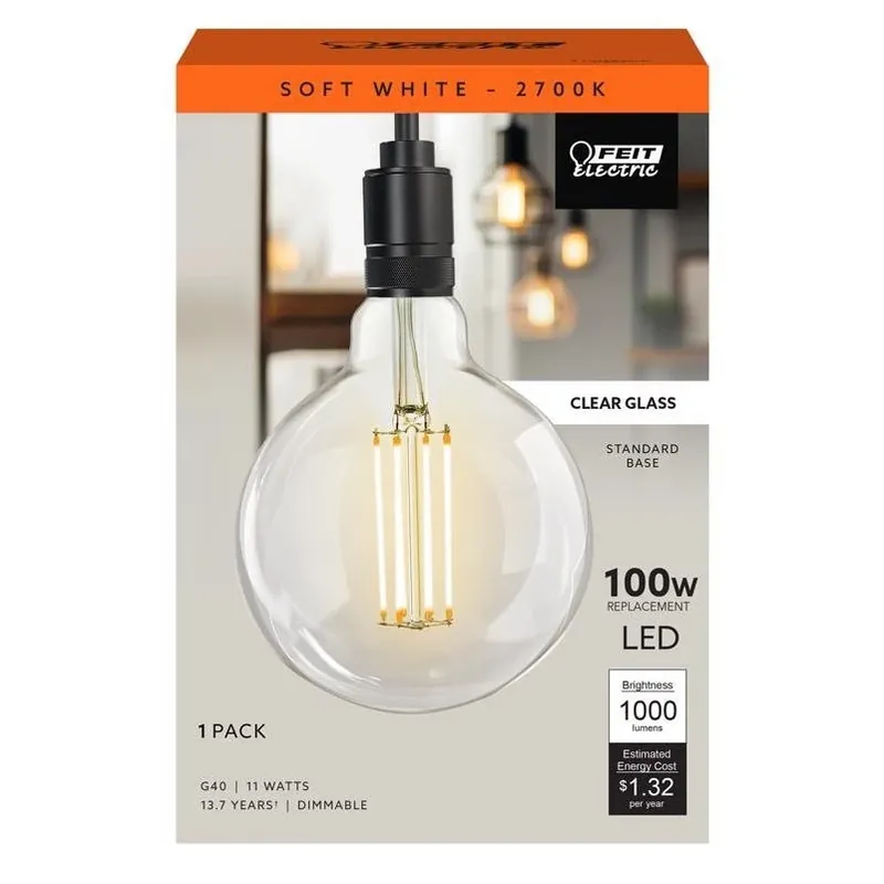 Feit 11W G40 Filament LED Globe – Soft White 100W Equivalent, Dimmable, Indoor/Outdoor