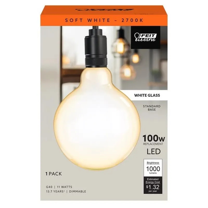 Feit 11W G40 Filament LED Globe – Soft White 2700K, Dimmable, 1000 lm, 100W Equivalent (E26)