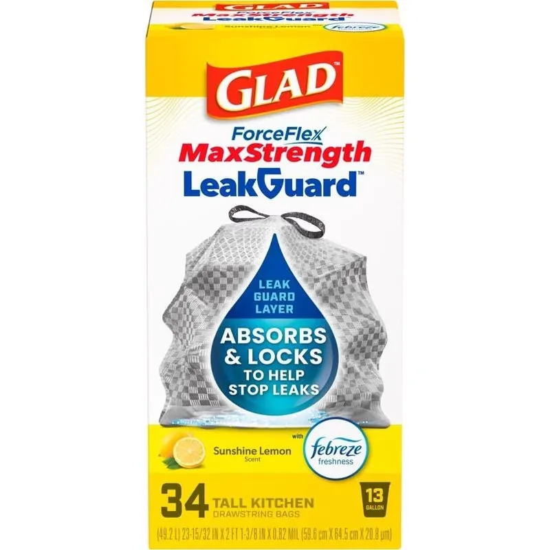 Glad LeakGuard 13‑Gallon Lemon‑Scented Drawstring Kitchen Trash Bags – 34 Pack