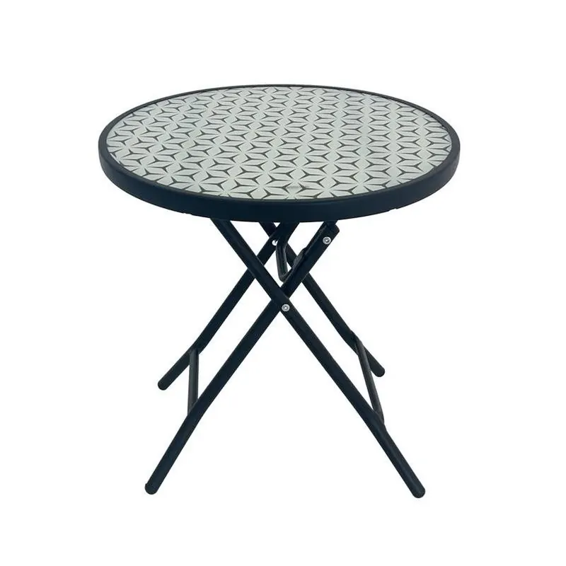 Living Accents Black Round Folding Glass Side Table – Compact Steel Frame, Weather‑Resistant