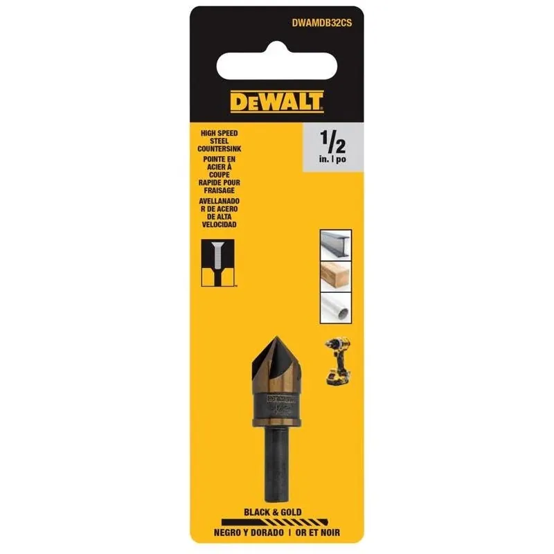 DEWALT Black & Gold 1/2‑Inch Countersink Drill Bit – 5‑Flute, 1/4‑Inch Shank, 1.7‑Inch Length