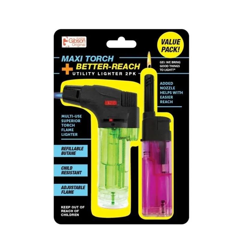 Gibson Dual Pack Refillable Torch Lighters – Assorted Colors, 3.4 oz Capacity