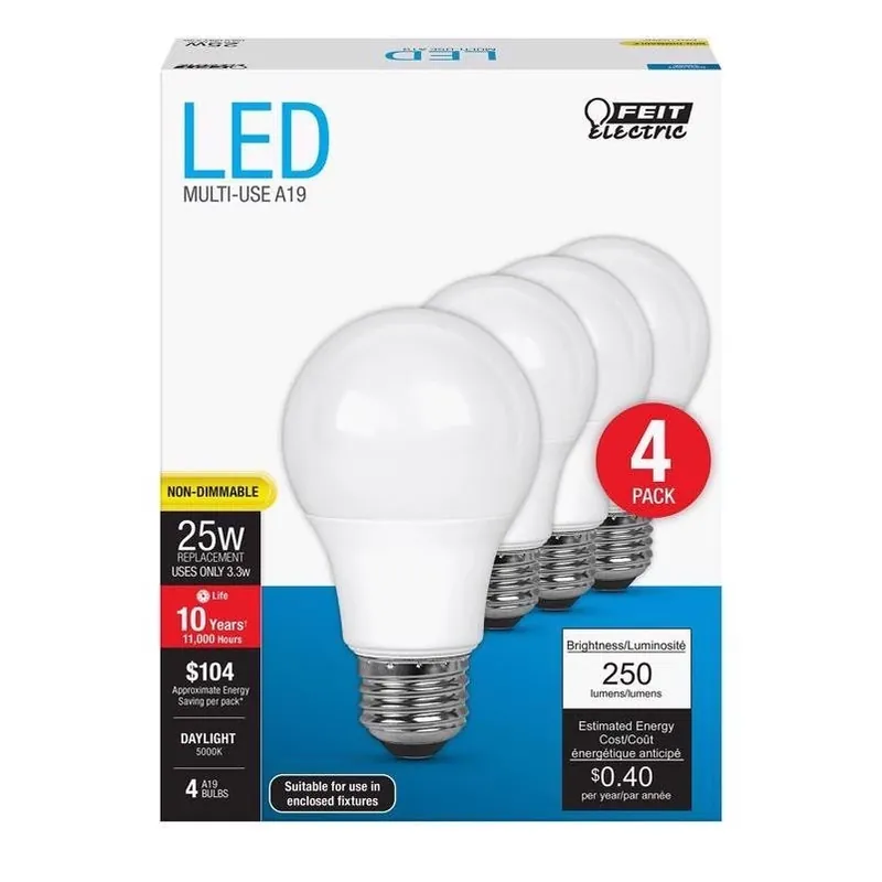 Feit 4‑Pack A19 Daylight LED Bulb – 3.3W (25W Equivalent)