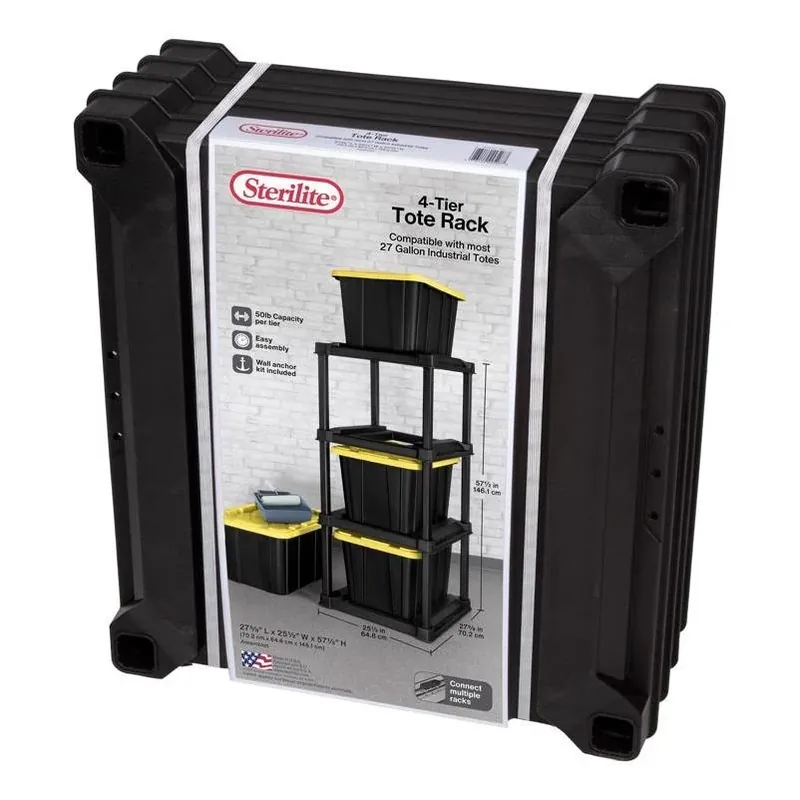 Black Plastic 4‑Tier Shelving Unit – Fits 27‑Gal Totes, 57‑in Height