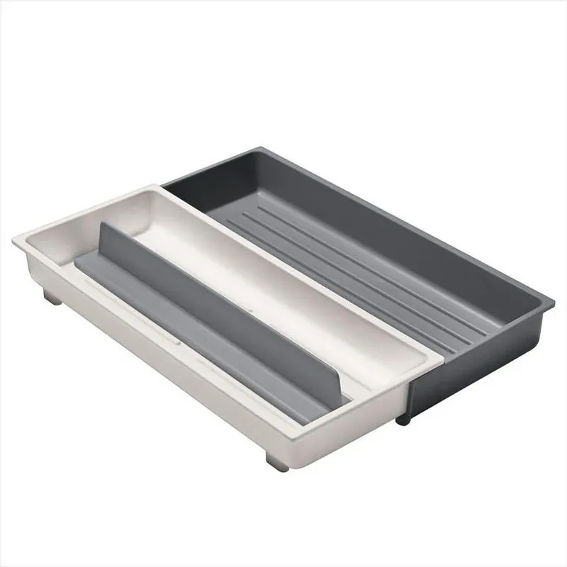 OXO Adjustable Plastic Drawer Organizer – 7.5" H × 16.5" W × 2.55" D, Gray/White, 2‑Compartment
