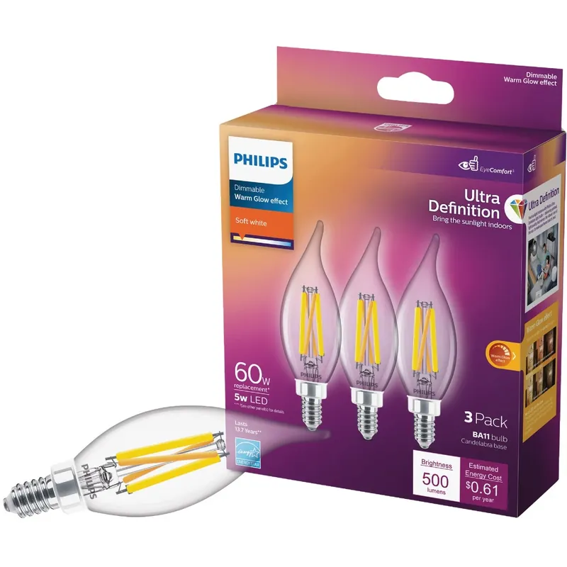 Philips BA11 E12 (Candelabra) LED Bulb Soft White 60 Watt Equivalence 3 Pk