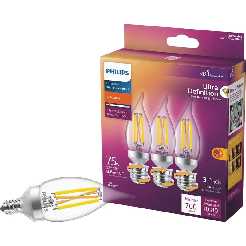 Philips BA11 E12 (Candelabra) LED Bulb Soft White 75 Watt Equivalence 3 Pk