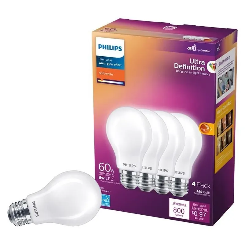 Philips Ultra Definition A19 LED Soft‑White Bulb – 4‑Pack, 60W Equivalent, Dimmable